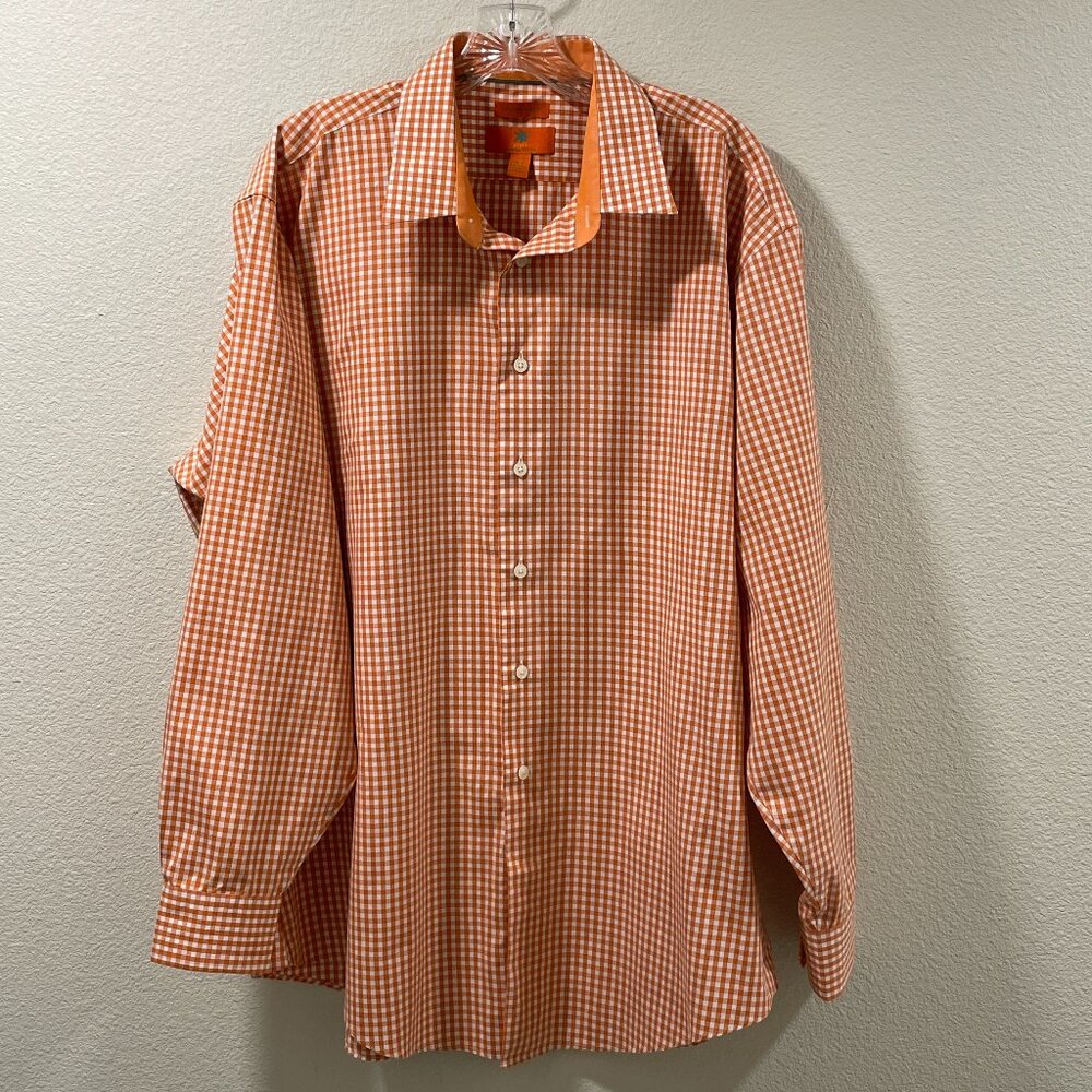 EGARA Men's Button Up Long Sleeve Slim Shirt Orange/White Check 17.5/34-35